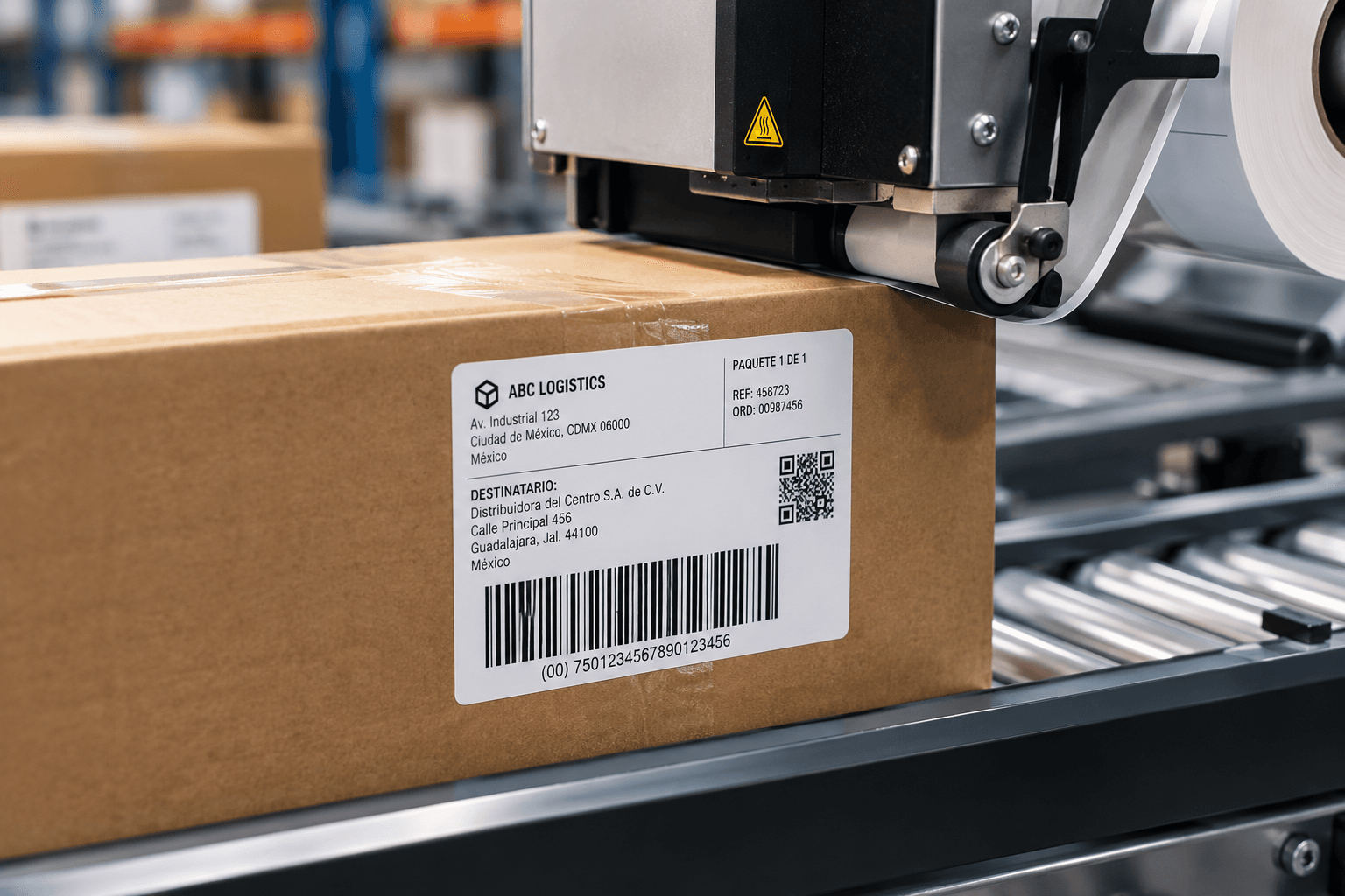 Etiqueta con código de barras y código QR aplicada a una caja sobre una banda transportadora